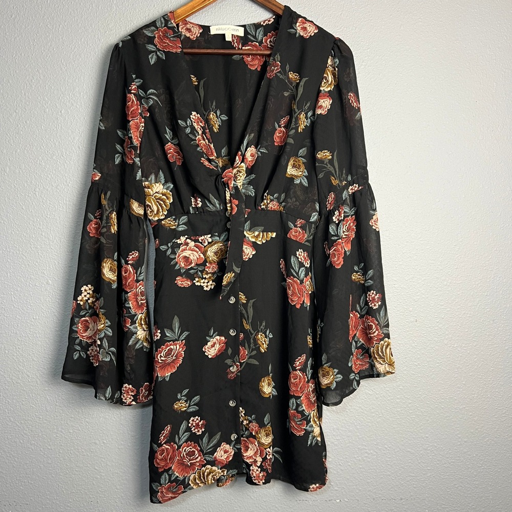 Nikki Erin Floral‎ Print Mini Dress Tie Front Button Up Bell Sleeve Black Size L